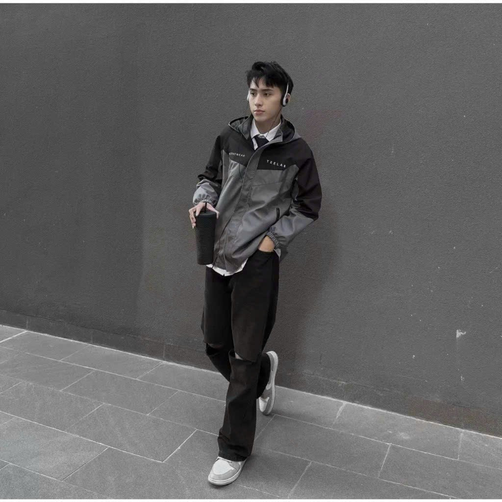 Áo khoác dù nam nữ T-L có nón màu đen xám chất liệu dù gió 2 lớp cao cấp dáng bóng chày. TP