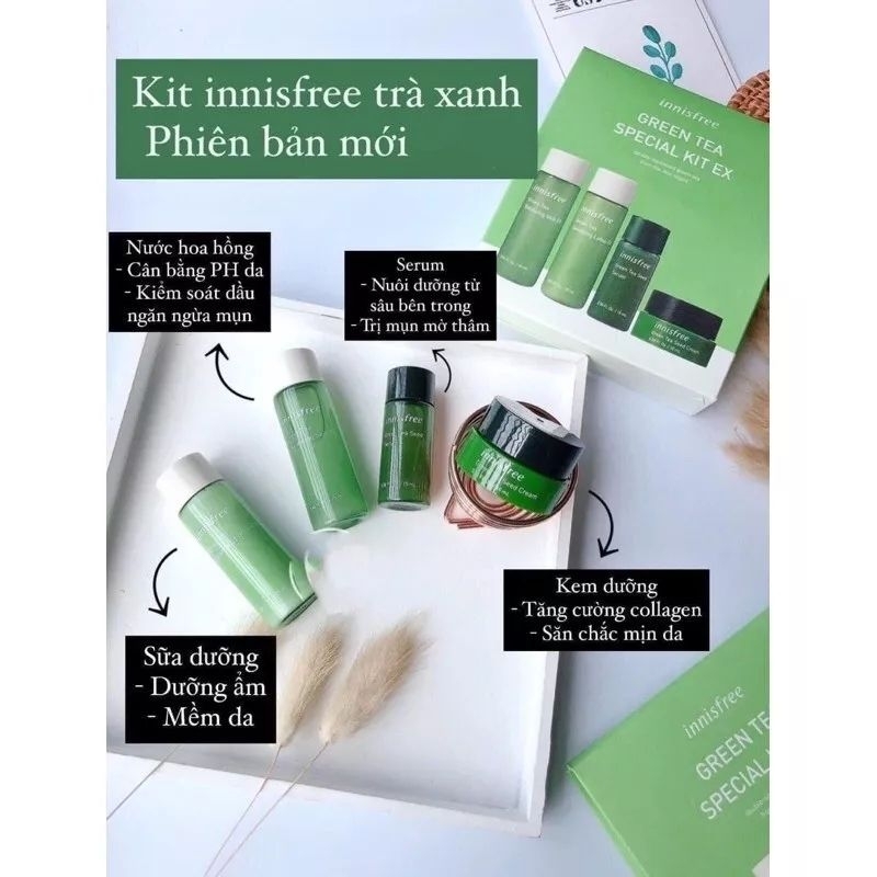 Set dưỡng da innisfree trà xanh 4 món mini : Sữa dưỡng ,nước hoa hồng,tinh chất dưỡng,kem dưỡng innisfree trà xanh green