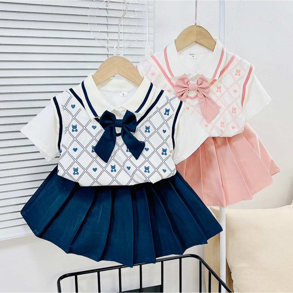 Váy Bé Gái, Set Áo Váy Xếp Ly Khai Giảng Nhập Học Siêu Đẹp Cho Bé Gái Từ 15 - 25kg