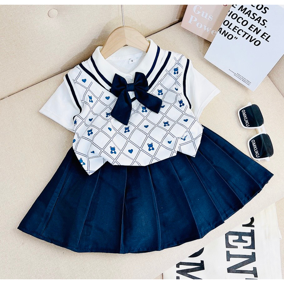 Váy Bé Gái, Set Áo Váy Xếp Ly Khai Giảng Nhập Học Siêu Đẹp Cho Bé Gái Từ 15 - 25kg