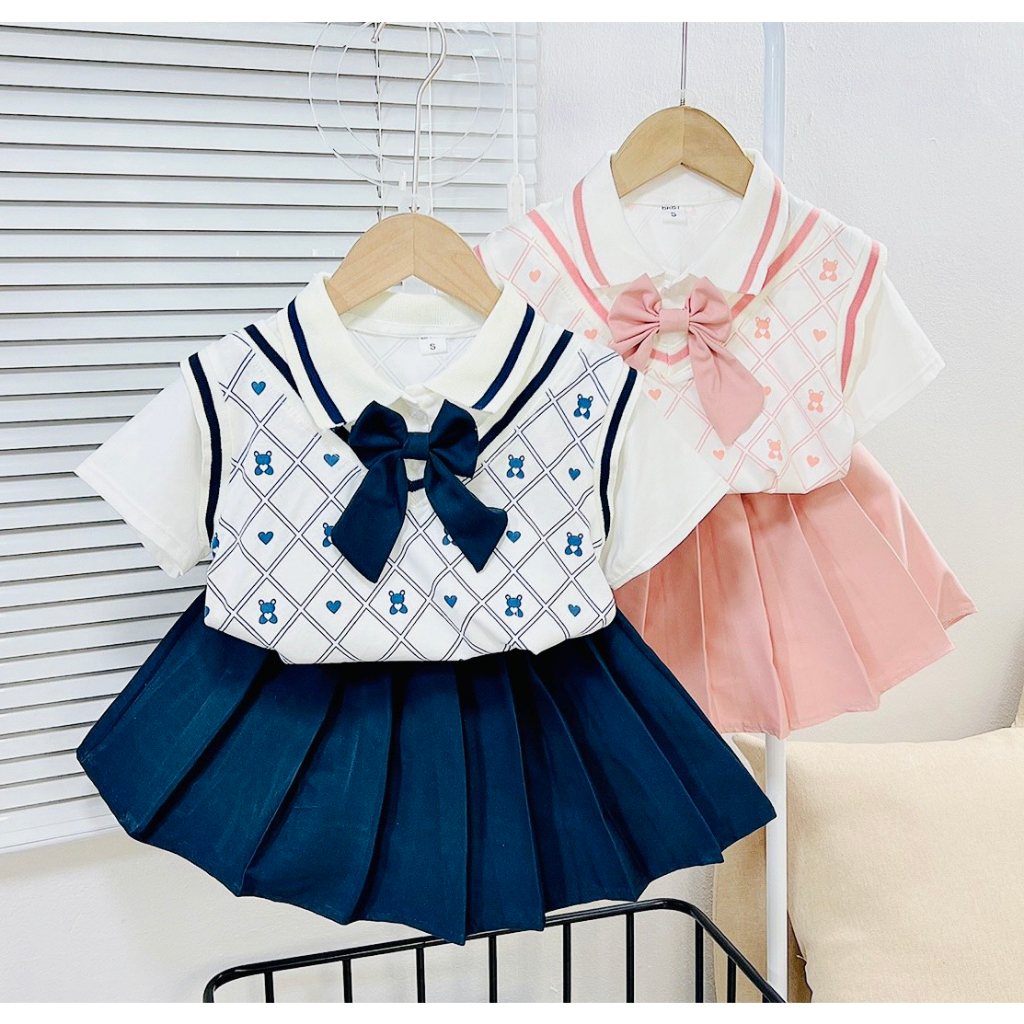 Váy Bé Gái, Set Áo Váy Xếp Ly Khai Giảng Nhập Học Siêu Đẹp Cho Bé Gái Từ 15 - 25kg