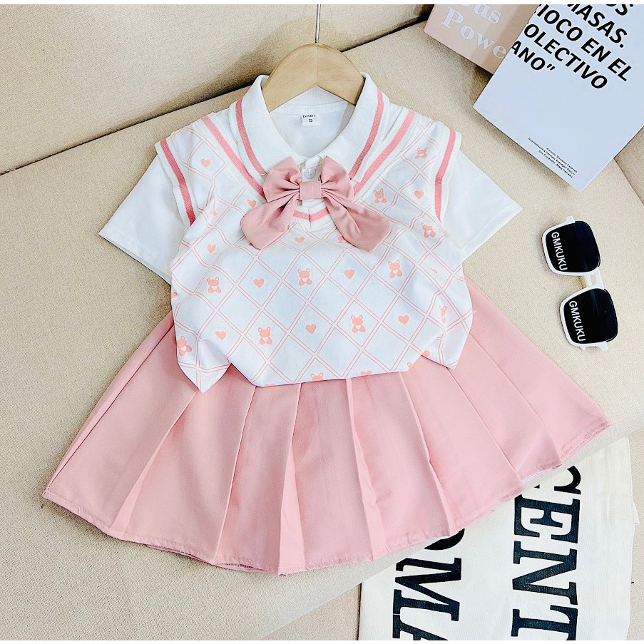 Váy Bé Gái, Set Áo Váy Xếp Ly Khai Giảng Nhập Học Siêu Đẹp Cho Bé Gái Từ 15 - 25kg