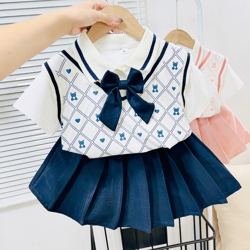 Váy Bé Gái, Set Áo Váy Xếp Ly Khai Giảng Nhập Học Siêu Đẹp Cho Bé Gái Từ 15 - 25kg