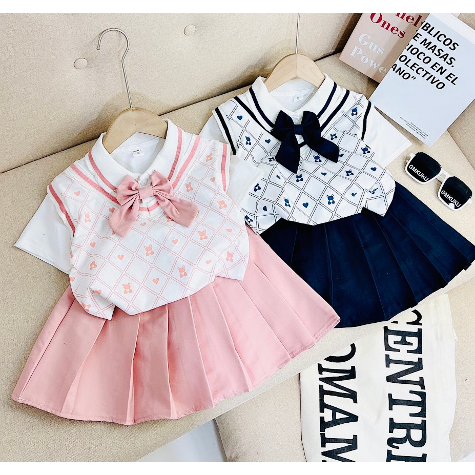 Váy Bé Gái, Set Áo Váy Xếp Ly Khai Giảng Nhập Học Siêu Đẹp Cho Bé Gái Từ 15 - 25kg