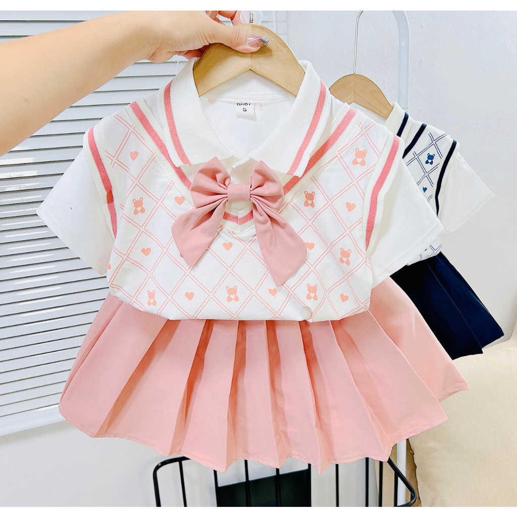 Váy Bé Gái, Set Áo Váy Xếp Ly Khai Giảng Nhập Học Siêu Đẹp Cho Bé Gái Từ 15 - 25kg