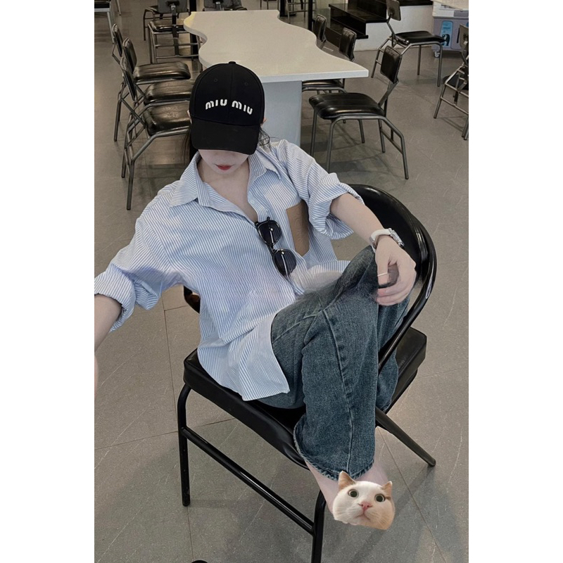 Áo Sơmi Kẻ Xanh Mix Túi Da QCCC