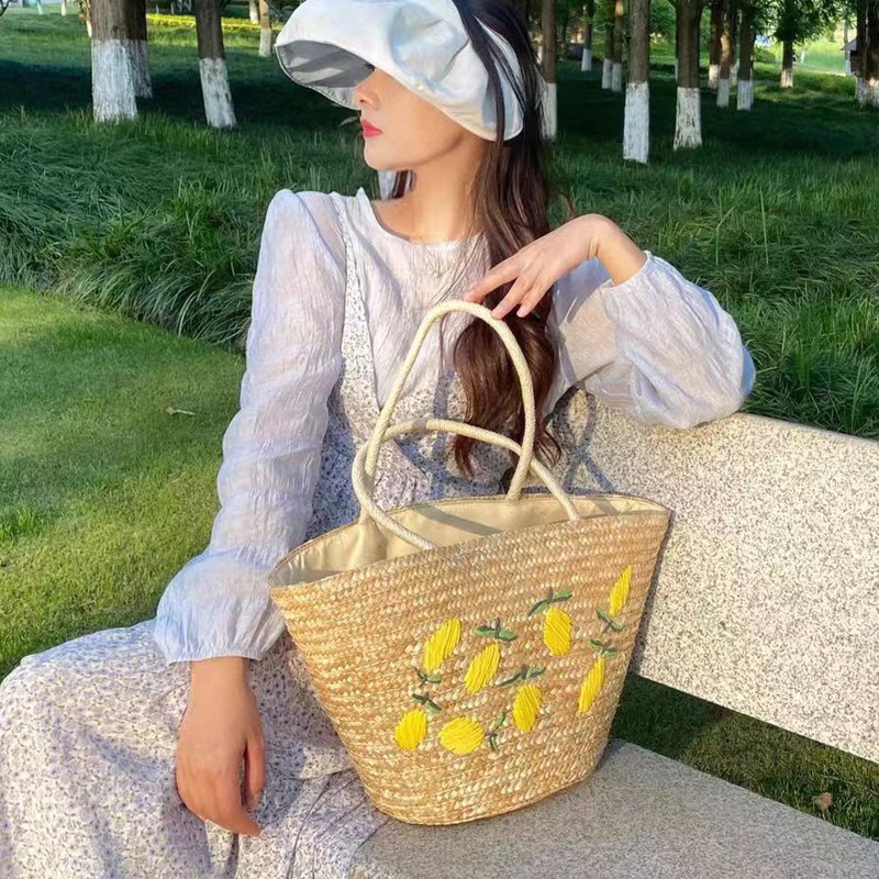 Túi cói bucket thêu quả chanh đeo vai đi biển