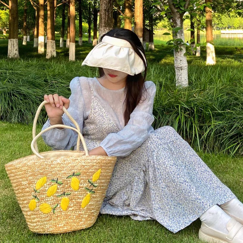 Túi cói bucket thêu quả chanh đeo vai đi biển