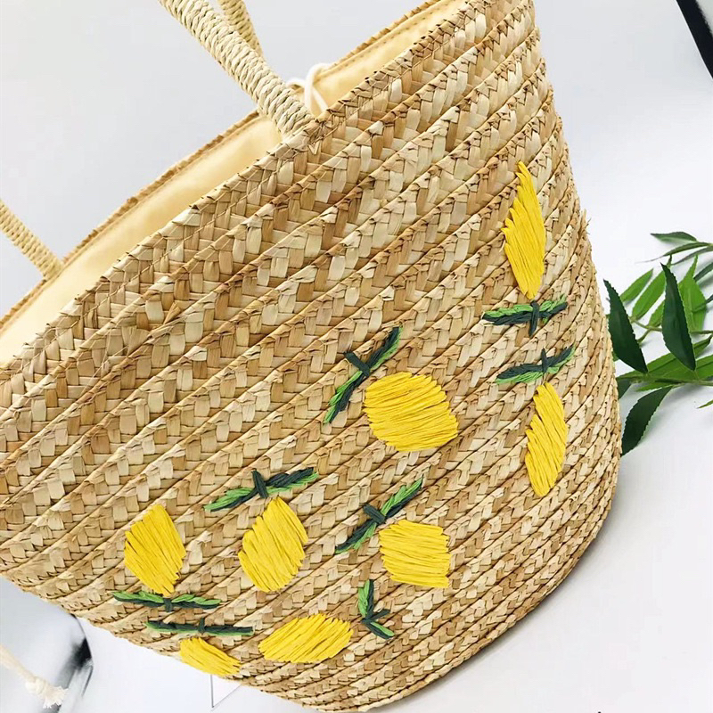 Túi cói bucket thêu quả chanh đeo vai đi biển
