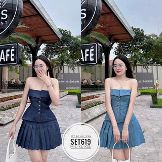 Bigsize set áo váy jean xếp ly set619