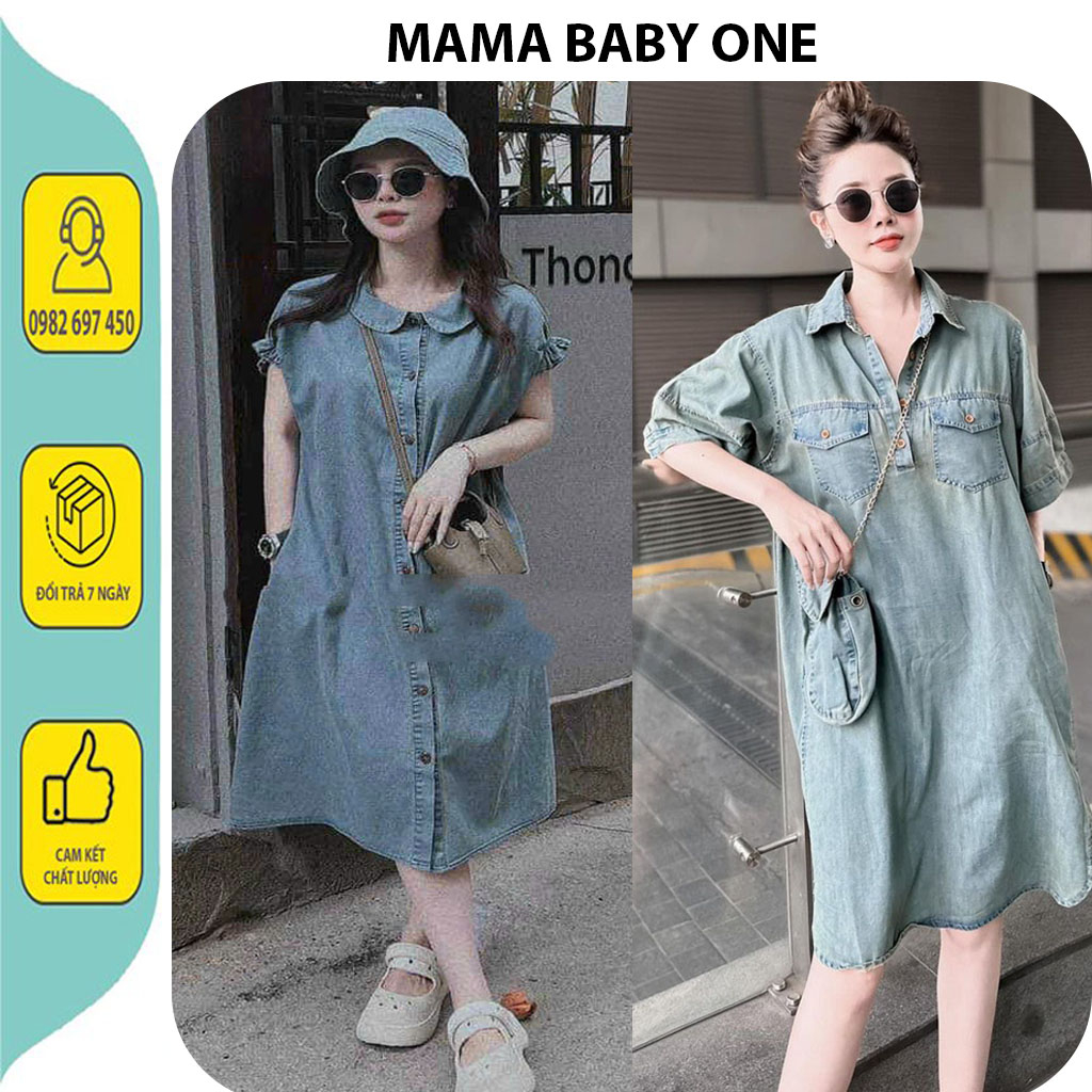 ĐẦM BẦU JEANS DÁNG SƠ MI SUÔNG CÓ TÚI NẮP - VÁY BẦU CÔNG SỞ BABYDOLL FREE SIZE PHONG CÁCH TRẺ....