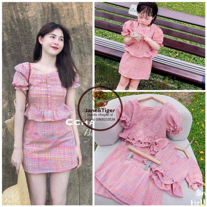 (8-55kg) set mẹ bé chất dạ mềm đẹp, cv ôm áo tay phồng