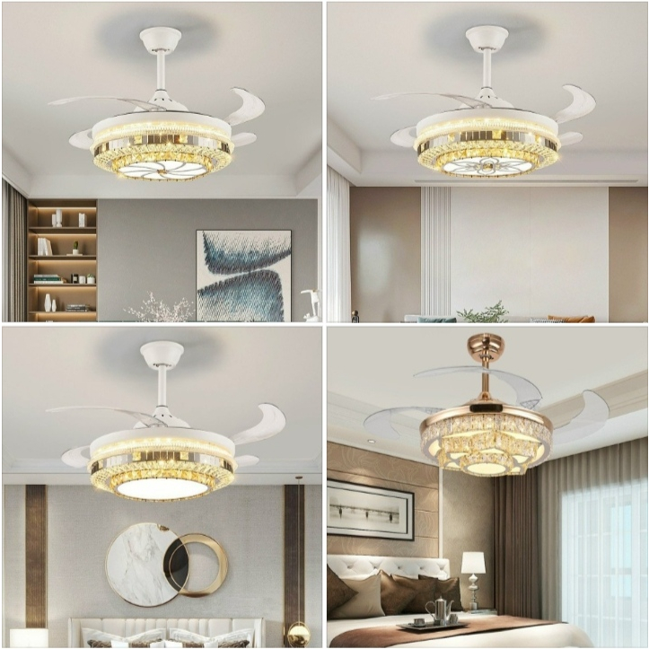 Đèn quạt HUCK pha lê dấu cánh ABS hiện đại tiết kiệm năng lượng sang trọng động cơ đồng 100% hàng chuẩn xịn