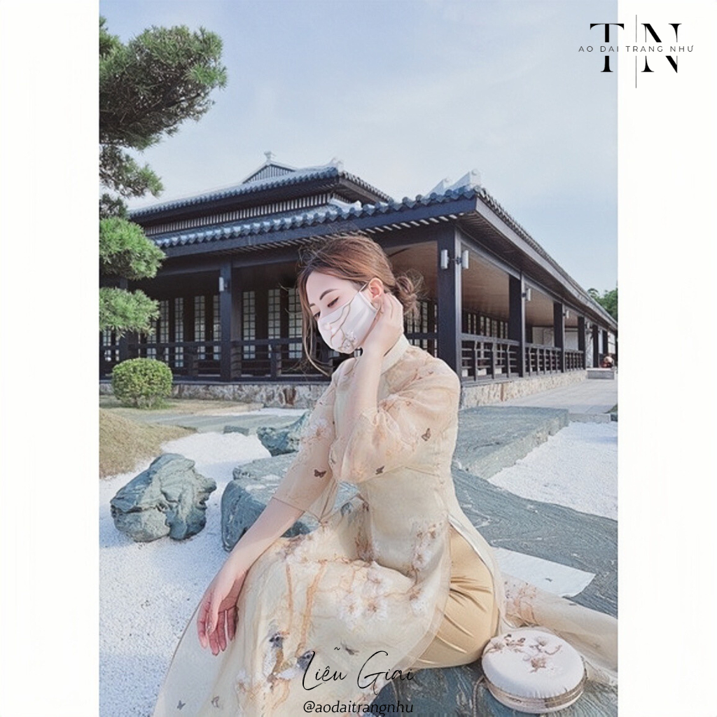 Áo dài cách tân nữ thiết kế 4 tà, đính kết chim anh đào