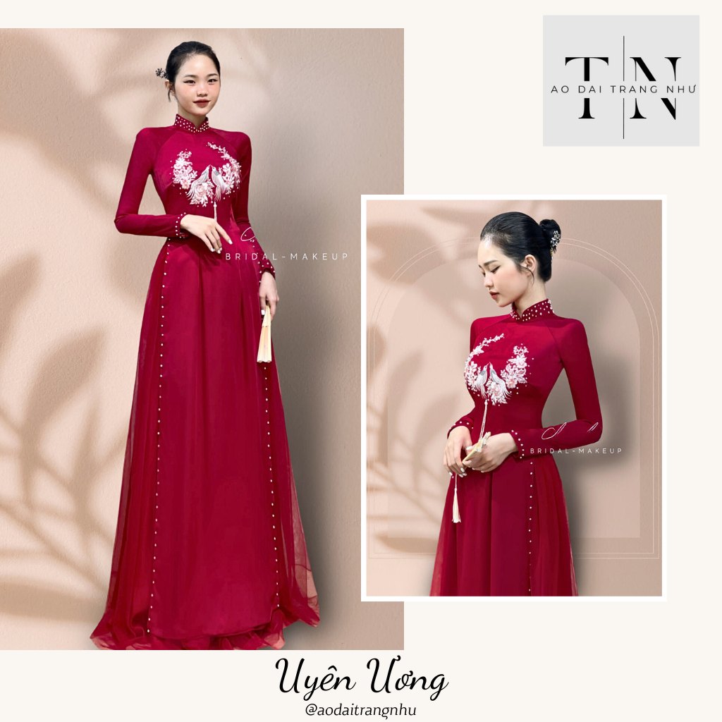 Áo Dài Cưới Cô Dâu Đỏ Thiết Kế 2 Tà Truyền Thống Chất Lụa Ngọc Trai Họa Tiết Thêu Tỉ Mỉ
