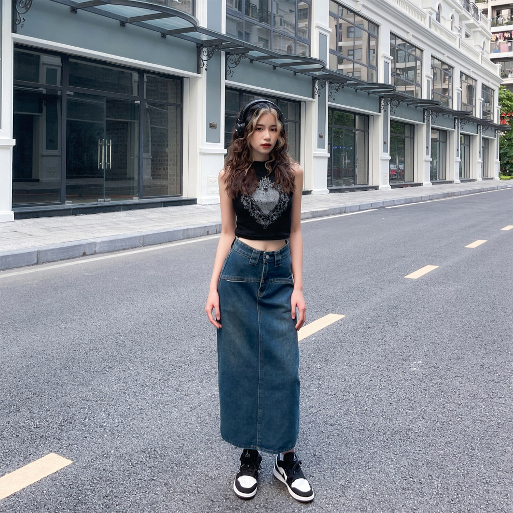 Chân váy jean dài RETRO suông cạp cao màu phai phủ vàng, chân váy bò dài che khuyết điểm Baggy S2BS01 - Jeanboo