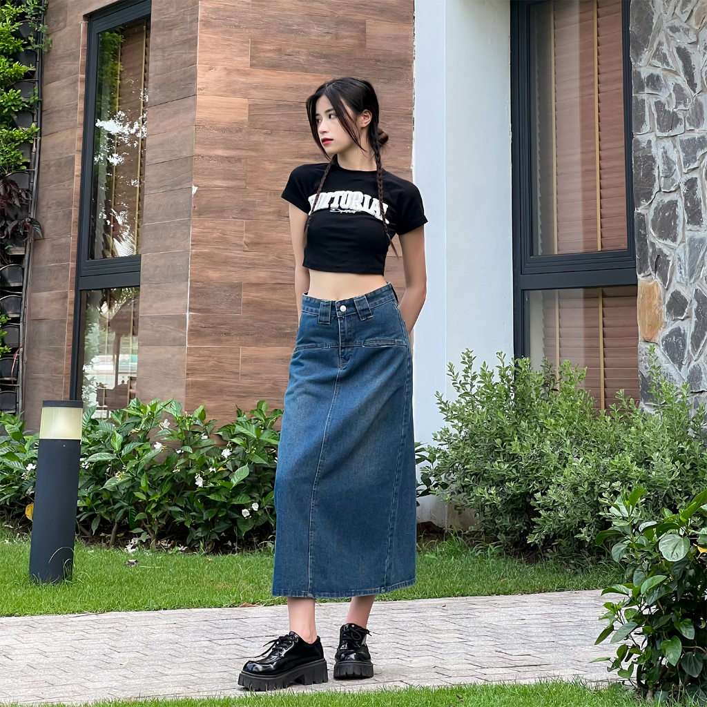 Chân váy jean dài RETRO suông cạp cao màu phai phủ vàng, chân váy bò dài che khuyết điểm Baggy S2BS01 - Jeanboo