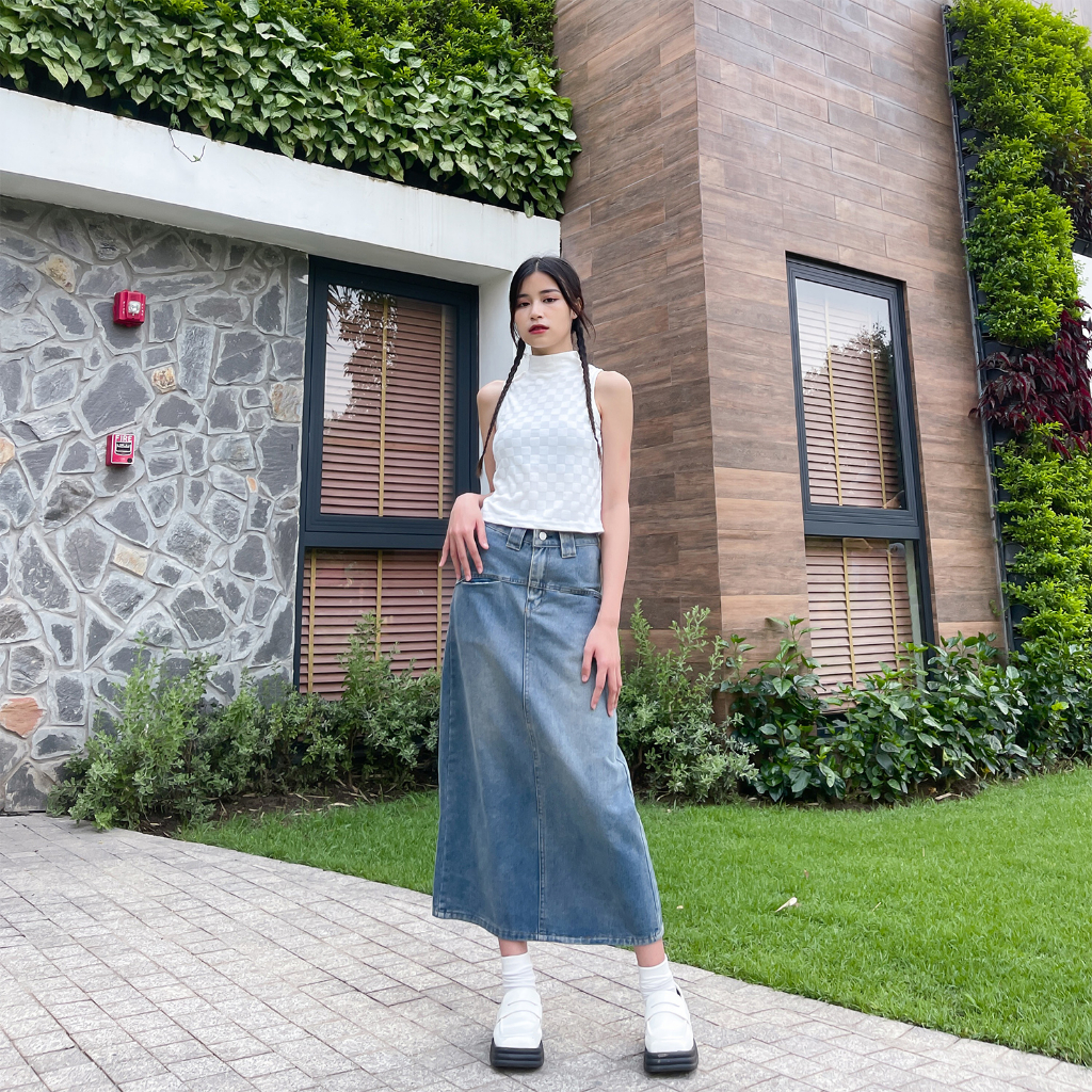 Chân váy jean dài RETRO suông cạp cao màu phai phủ vàng, chân váy bò dài che khuyết điểm Baggy S2BS01 - Jeanboo