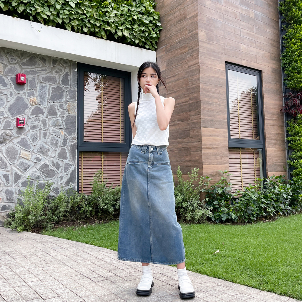 Chân váy jean dài RETRO suông cạp cao màu phai phủ vàng, chân váy bò dài che khuyết điểm Baggy S2BS01 - Jeanboo