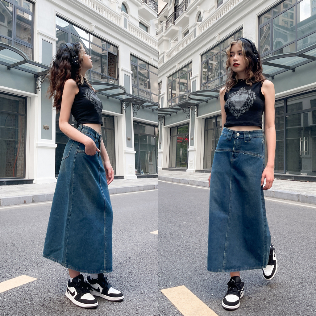 Chân váy jean dài RETRO suông cạp cao màu phai phủ vàng, chân váy bò dài che khuyết điểm Baggy S2BS01 - Jeanboo