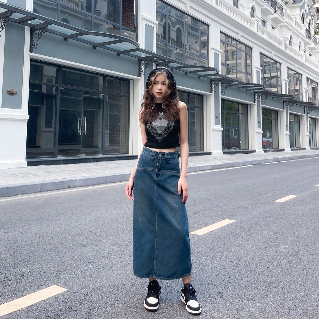 Chân váy jean dài RETRO suông cạp cao màu phai phủ vàng, chân váy bò dài che khuyết điểm Baggy S2BS01 - Jeanboo