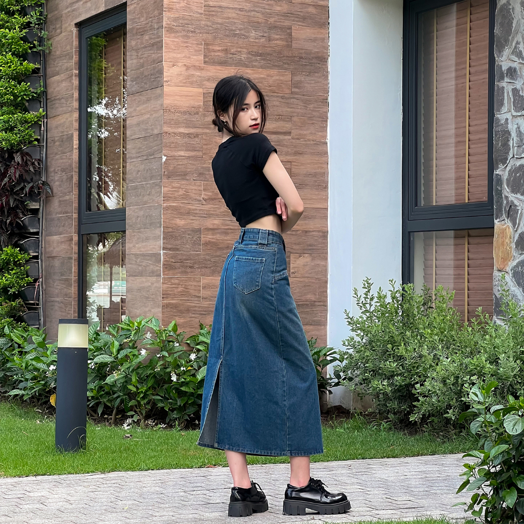 Chân váy jean dài RETRO suông cạp cao màu phai phủ vàng, chân váy bò dài che khuyết điểm Baggy S2BS01 - Jeanboo