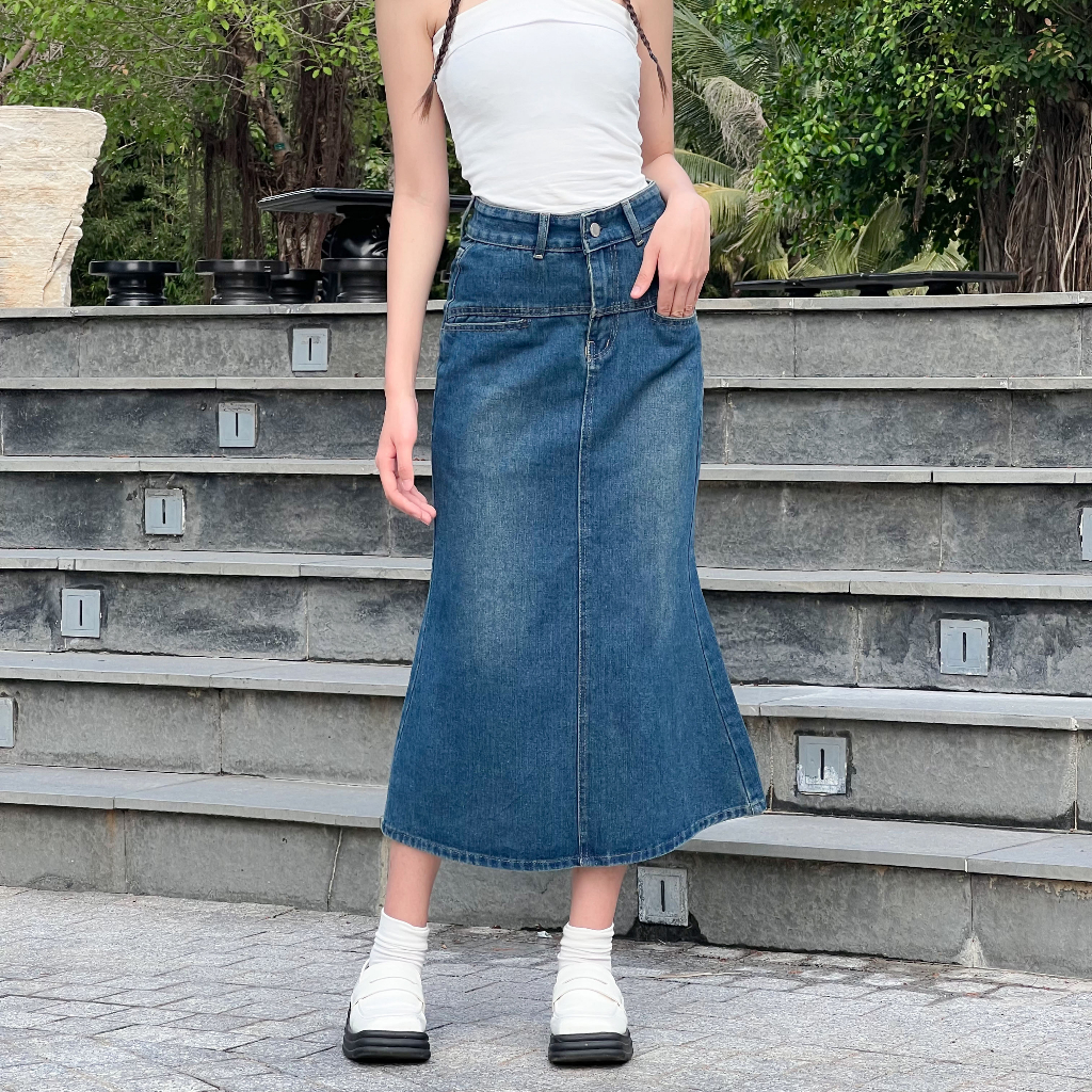 Chân váy jean nữ dài RETRO loe cạp cao màu phai phủ vàng, chân váy bò dài đuôi cá Baggy S2BL01 - Jeanboo