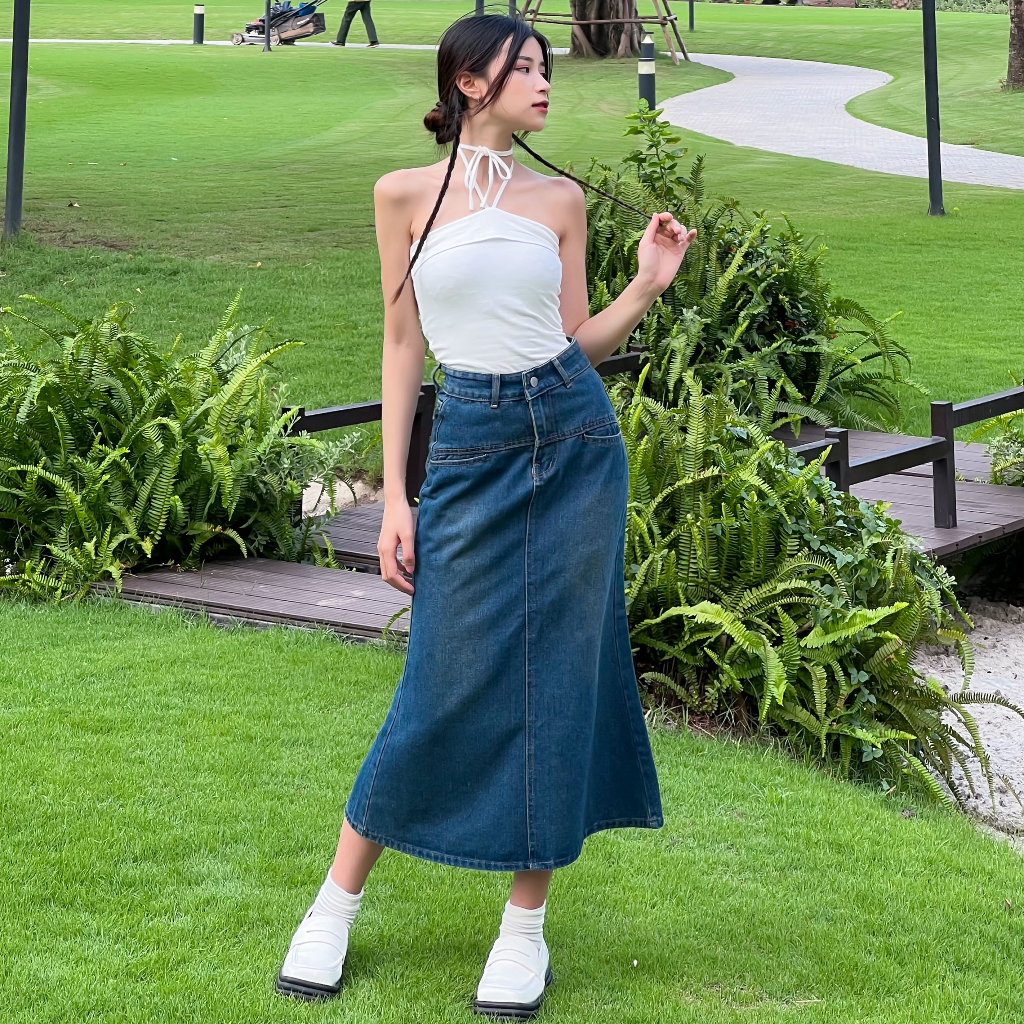 Chân váy jean nữ dài RETRO loe cạp cao màu phai phủ vàng, chân váy bò dài đuôi cá Baggy S2BL01 - Jeanboo