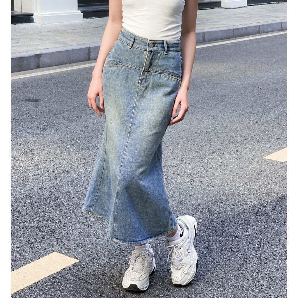 Chân váy jean nữ dài RETRO loe cạp cao màu phai phủ vàng, chân váy bò dài đuôi cá Baggy S2BL01 - Jeanboo