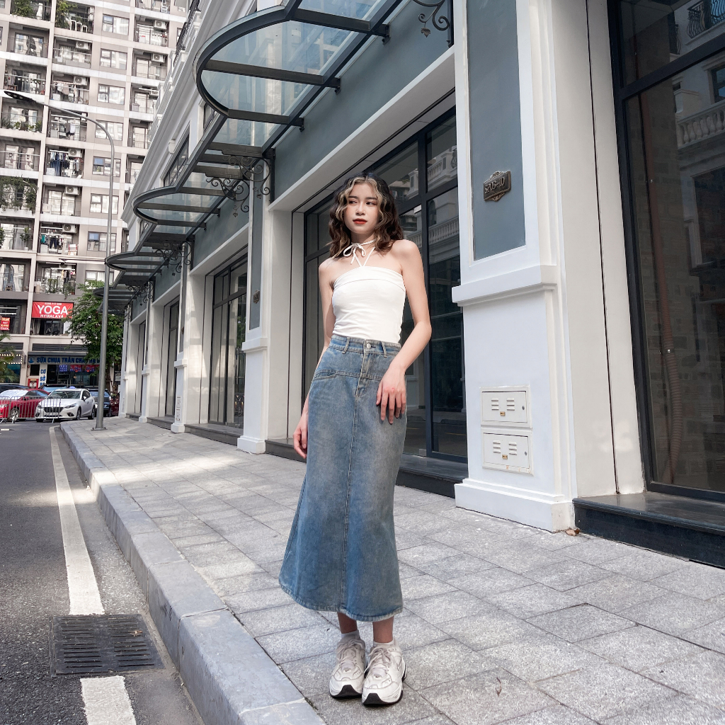 Chân váy jean nữ dài RETRO loe cạp cao màu phai phủ vàng, chân váy bò dài đuôi cá Baggy S2BL01 - Jeanboo