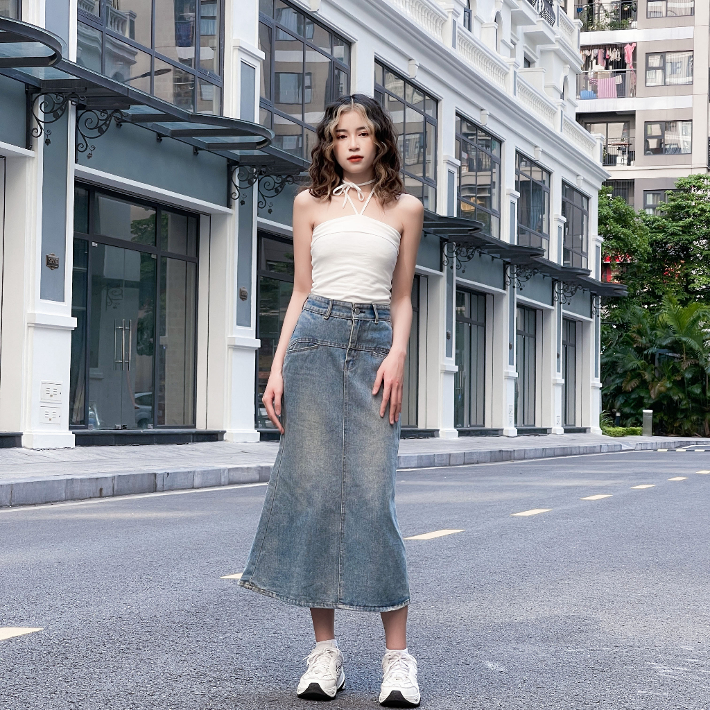 Chân váy jean nữ dài RETRO loe cạp cao màu phai phủ vàng, chân váy bò dài đuôi cá Baggy S2BL01 - Jeanboo