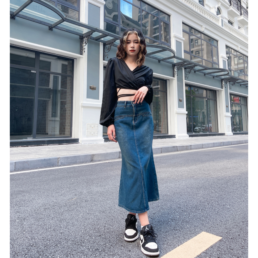 Chân váy jean nữ dài RETRO loe cạp cao màu phai phủ vàng, chân váy bò dài đuôi cá Baggy S2BL01 - Jeanboo