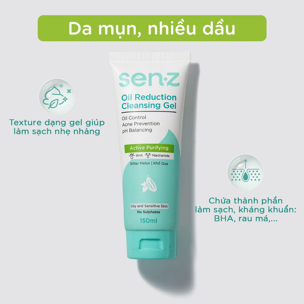 Gel Rửa Mặt Khổ Qua Dành Cho Da Dầu Nhạy Cảm SENZ Oil Reduction Cleansing Gel chuẩn pH 150ML