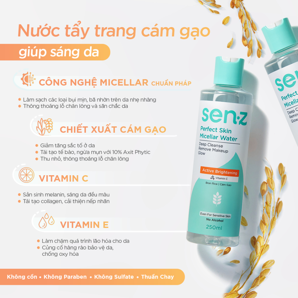 Nước Tẩy Trang Micellar Water Cám Gạo Sáng Da SENZ Perfect Skin Cho Mọi Loại Da 250ML