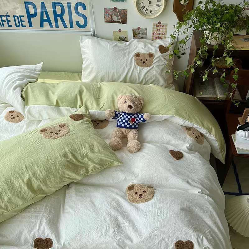 Bộ 4 món ga gối và vỏ chăn Cotton Đũi hình Gấu Bear Nâu xinh xắn