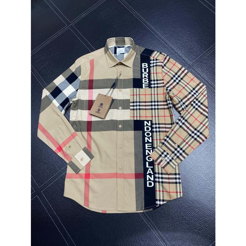 Áo sơ mi dài tay Burberry Nâu pha kẻ chữ Trắng London England LA 1-1 on web