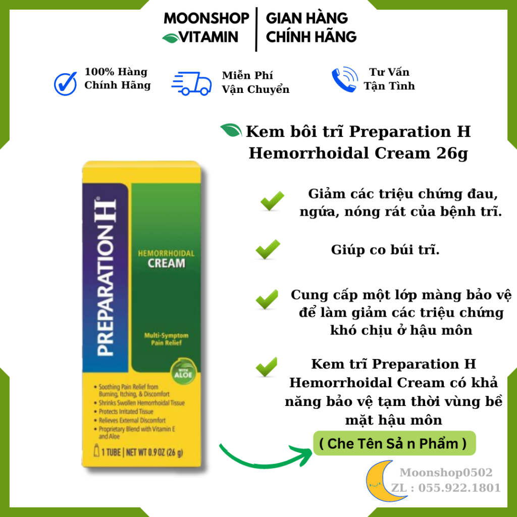 Kem bôi trĩ , Preparation H Hemorrhoidal Ointment 57g , PREPARATION H  ALOE 26g,tupe