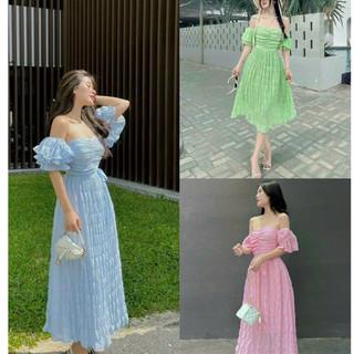 Đầm váy nữ xốp maxi trể vai chạy mocking (có mút,có lót) dáng dài siêu xinh thích hợp để đi biển thời trang nữ MOON