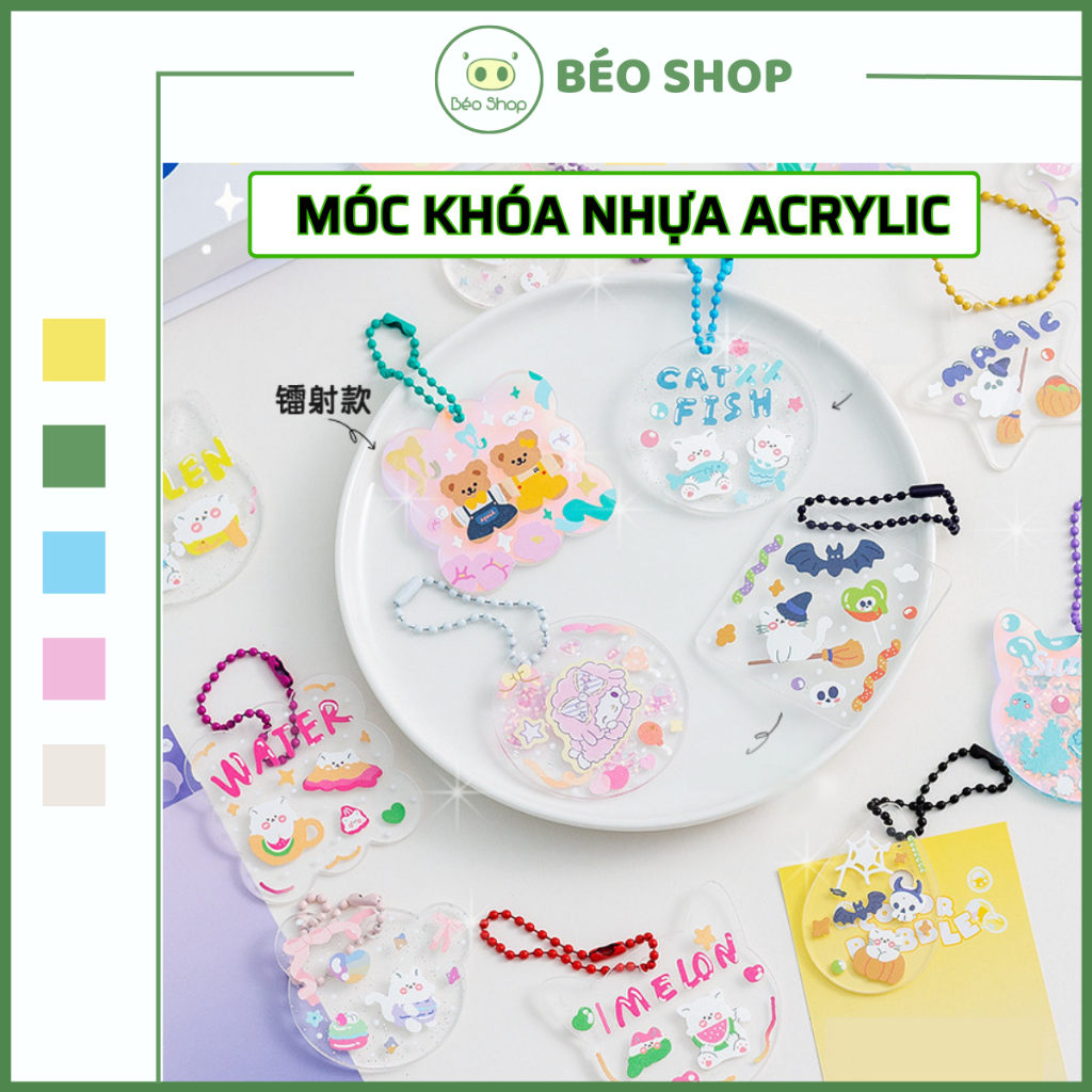 Set 10 chiếc móc khóa nhựa acrylic trong suốt Pkbeoshop nhiều mẫu và màu sắc xinh xắn dùng treo balo, chìa khóa