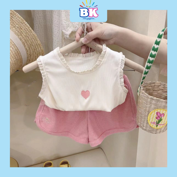 Quần áo bé gái thêu trái tim dễ thương phong cách Hàn Quốc. Bộ đồ cho bé gái mặc mùa hè chất liệu vải cotton mềm -BKKIDS