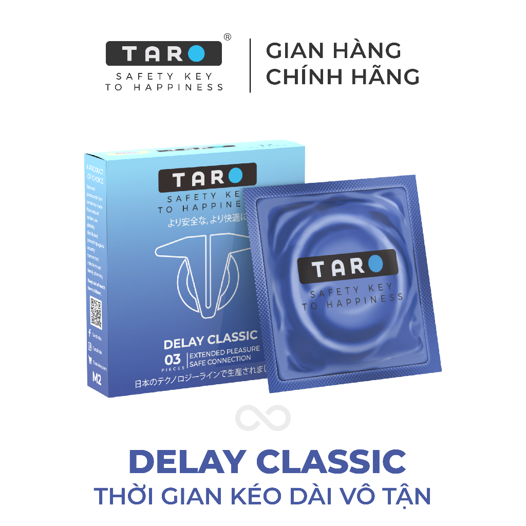 Bao cao su Taro Delay Classic kéo dài thời gian, size 52mm, hôp 3 bao, hộp 12 bao
