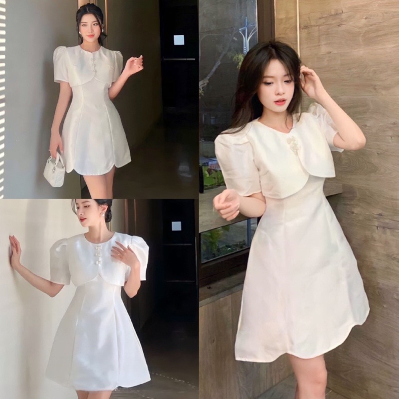 Set váy 2 dây xoè chữ A kèm áo cardigan croptop ghim đá chất tafta trắng, Đầm dự tiệc tiểu thư kiểu mới hàn quốc
