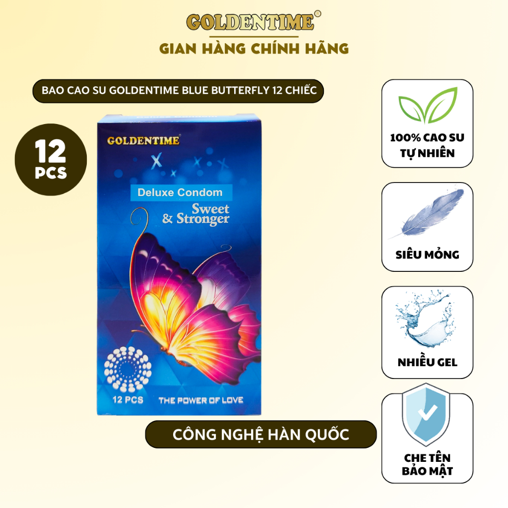 Bao cao su GOLDENTIME Blue Butterfly gân gai công nghệ Hàn Quốc size 52mm