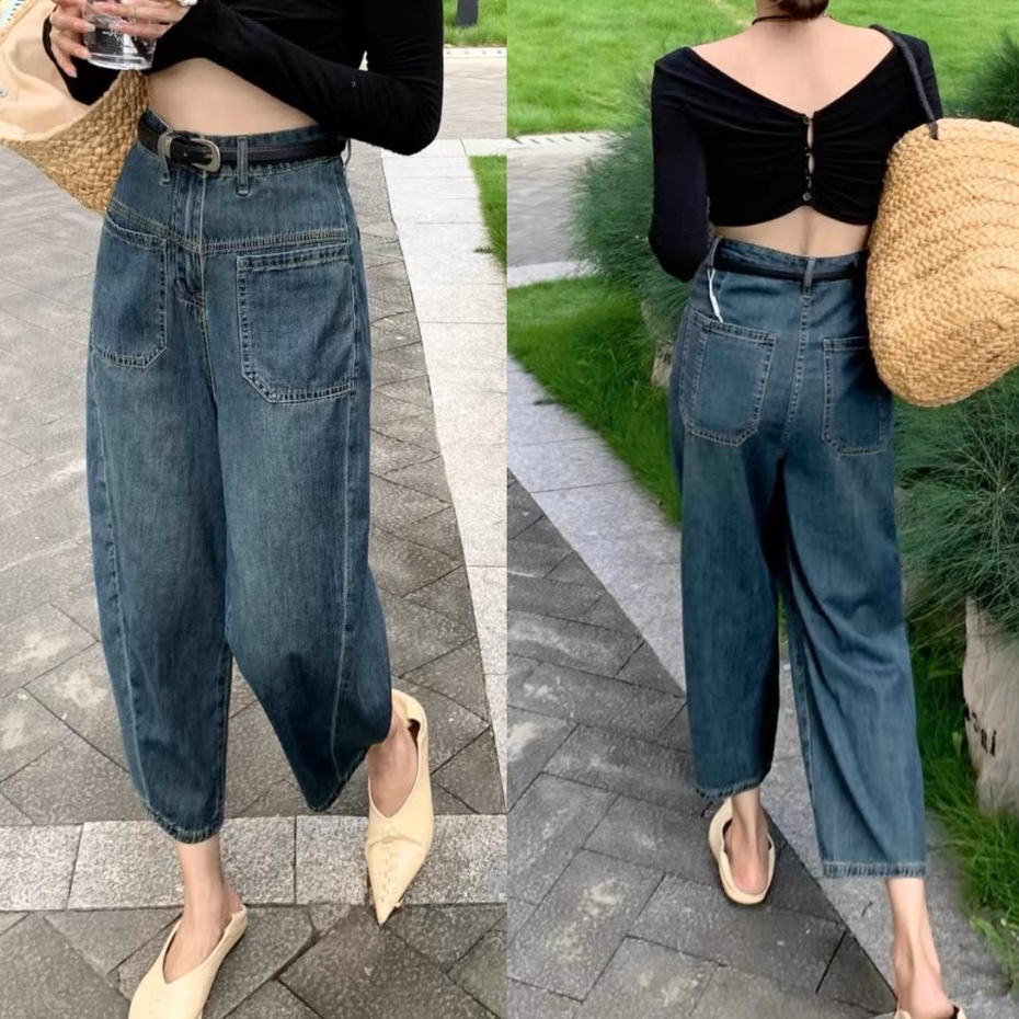 Quần Jean Baggy Dáng Rộng Phối Túi, Vạt Chéo - Quần Bò Baggy Lưng Cao Hàng Cao Cấp Amor Clothing