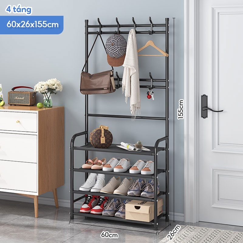 Kệ để đồ đa năng, đựng đồ gọn gàng, kệ để giày dép 4 tầng kèm 8 móc treo đồ tiện lợi 4815