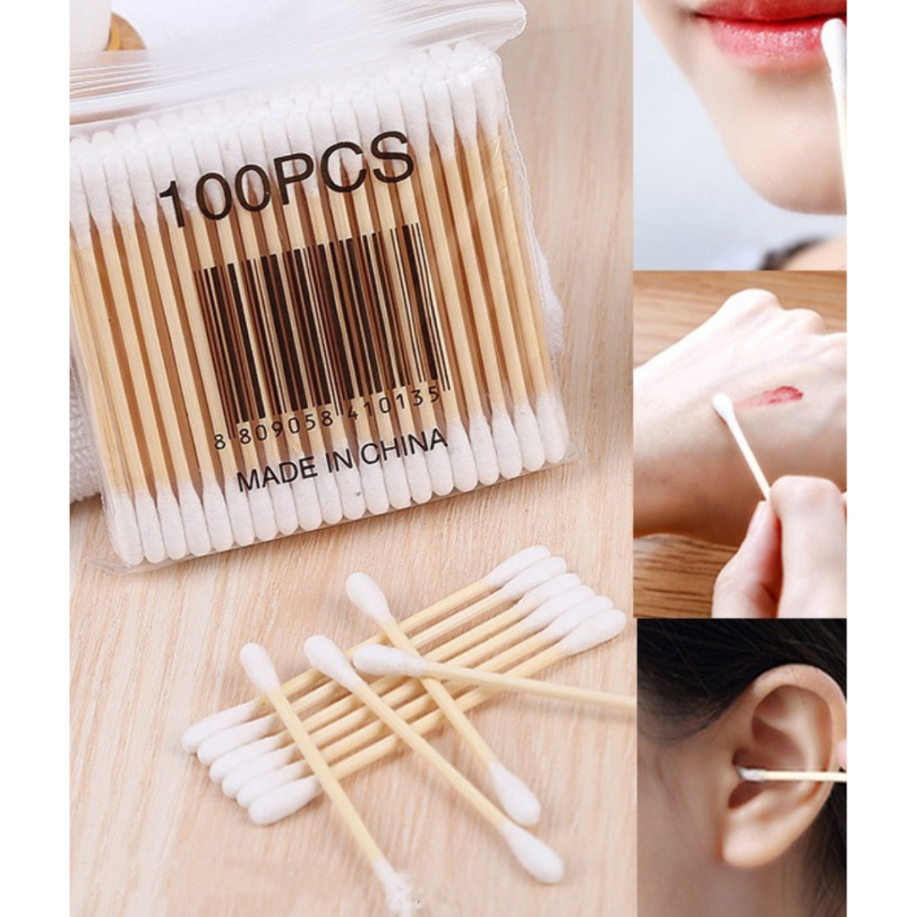 Bông Ngoáy Tai Lấy Ráy Tai Thân Gỗ Gói 100 Chiếc Tăm Bông Tiệt Trùng Sạch Sẽ Thân Thiện Với Môi Trường