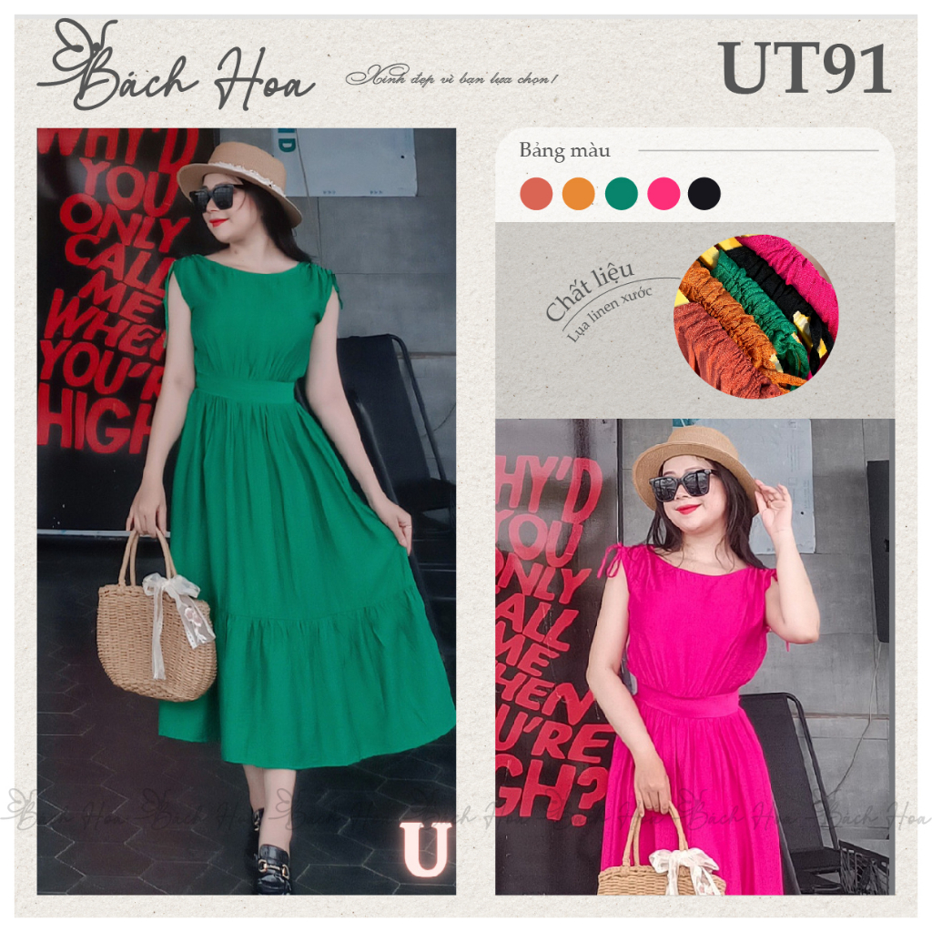 Đầm Maxi Lụa Linen Xước đơn giản dáng váy dài dây rút Cổ Thuyền - UT91