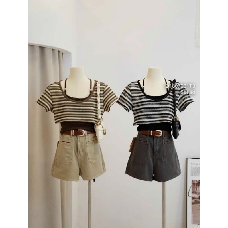 Set áo sọc croptop tay ngắn kèm áo yếm 1 dây 1807