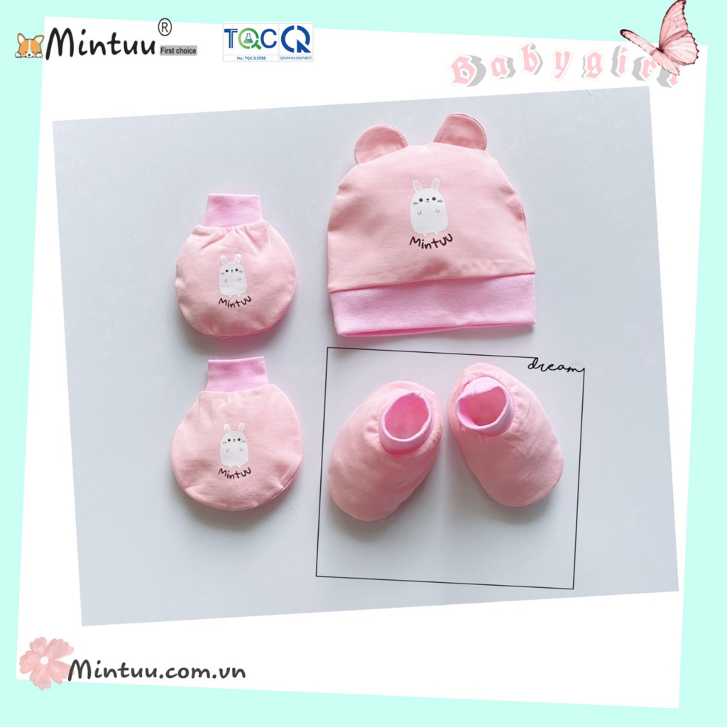 Set mũ sơ sinh tai thỏ - tay chân bo  MINTUU First choice, chất liệu vải 100% cotton 4 chiều