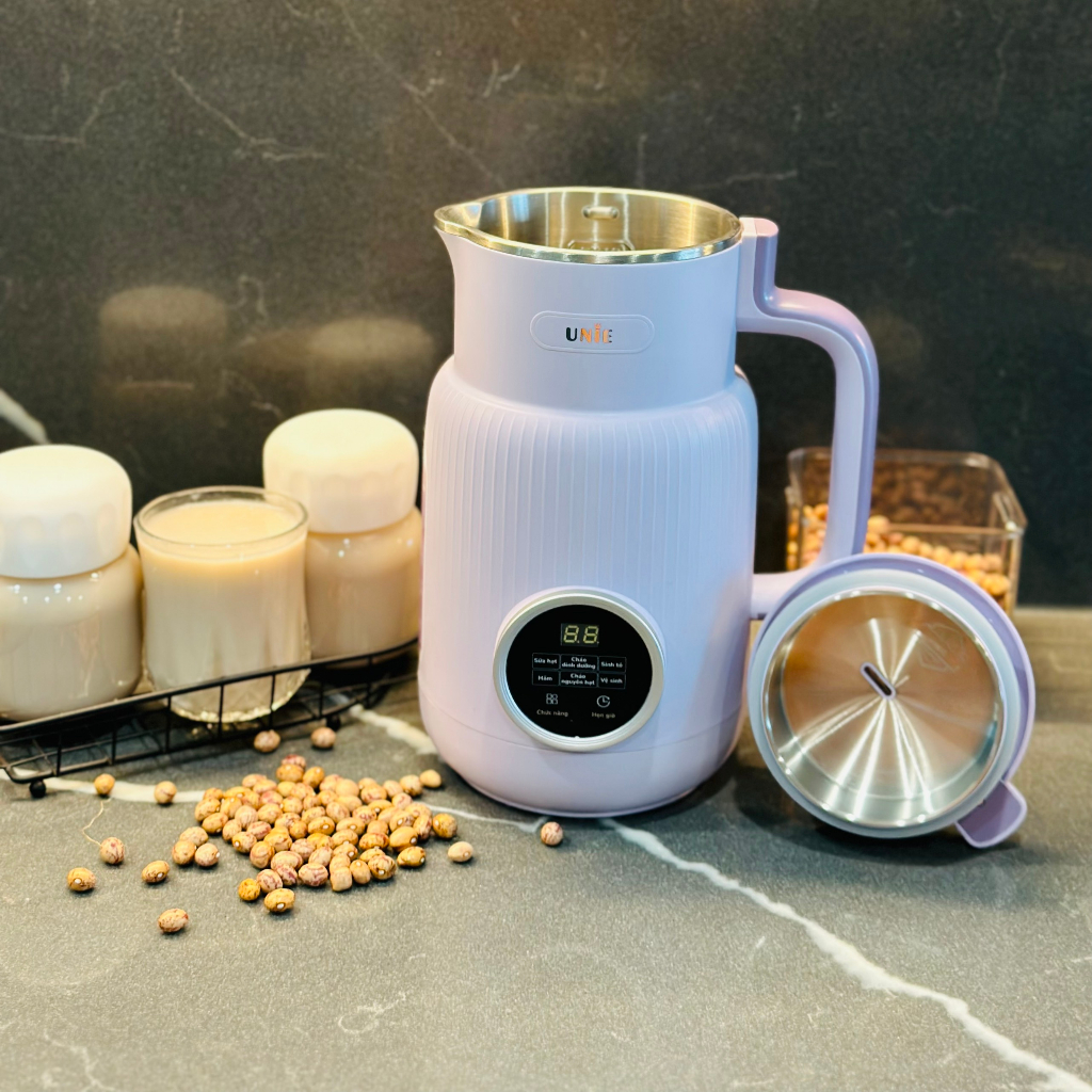 Máy làm sữa hạt mini Máy nấu sữa hạt đa năng Unie UMB08 Pro nắp inox 600ml công suất 600W 6 chức năng bảo hành 12 tháng